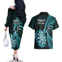 New Zealand Darts Couples Matching Off The Shoulder Long Sleeve Dress and Hawaiian Shirt Happiness Is A Tight Threesome Maori Turquoise LT14 - Polynesian Pride