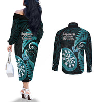 New Zealand Darts Couples Matching Off The Shoulder Long Sleeve Dress and Long Sleeve Button Shirts Happiness Is A Tight Threesome Maori Turquoise LT14 - Polynesian Pride
