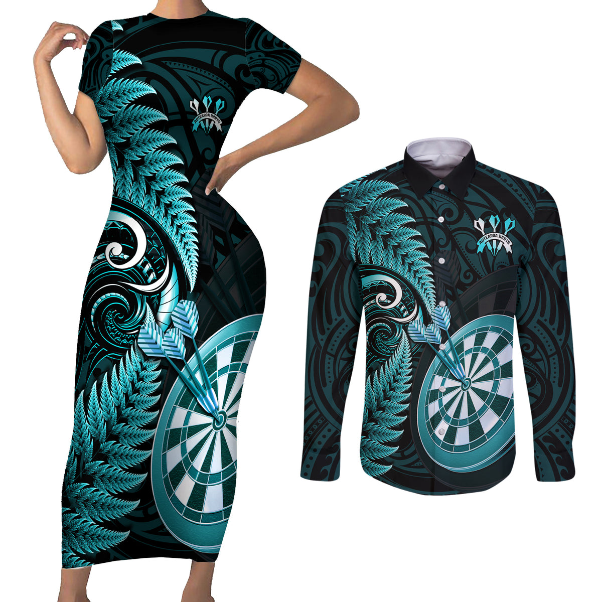 New Zealand Darts Couples Matching Short Sleeve Bodycon Dress and Long Sleeve Button Shirts Happiness Is A Tight Threesome Maori Turquoise LT14 Turquoise - Polynesian Pride