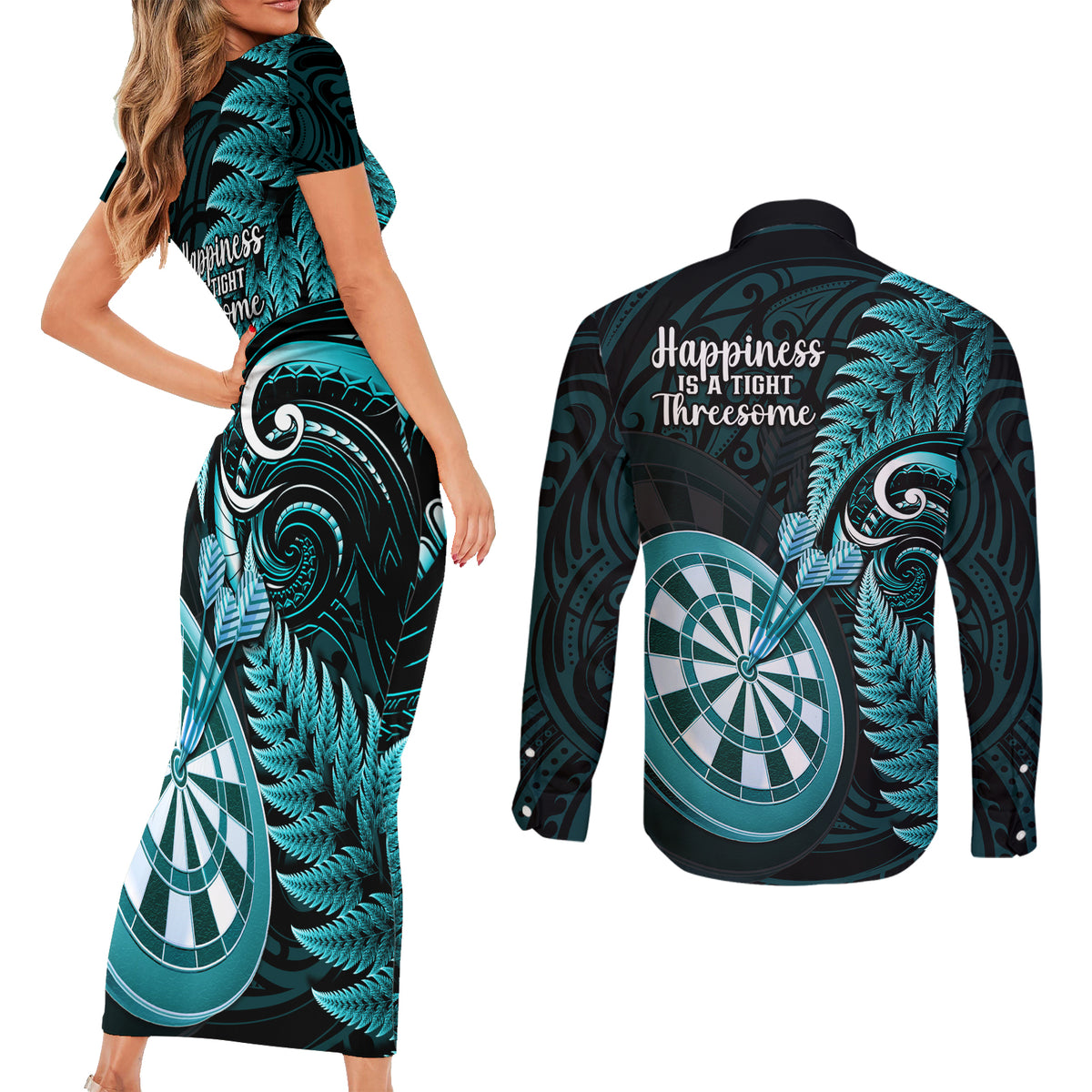New Zealand Darts Couples Matching Short Sleeve Bodycon Dress and Long Sleeve Button Shirts Happiness Is A Tight Threesome Maori Turquoise LT14 - Polynesian Pride