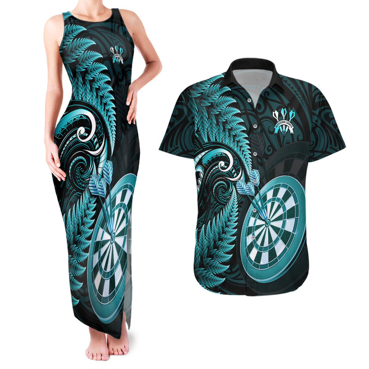 New Zealand Darts Couples Matching Tank Maxi Dress and Hawaiian Shirt Happiness Is A Tight Threesome Maori Turquoise LT14 Turquoise - Polynesian Pride
