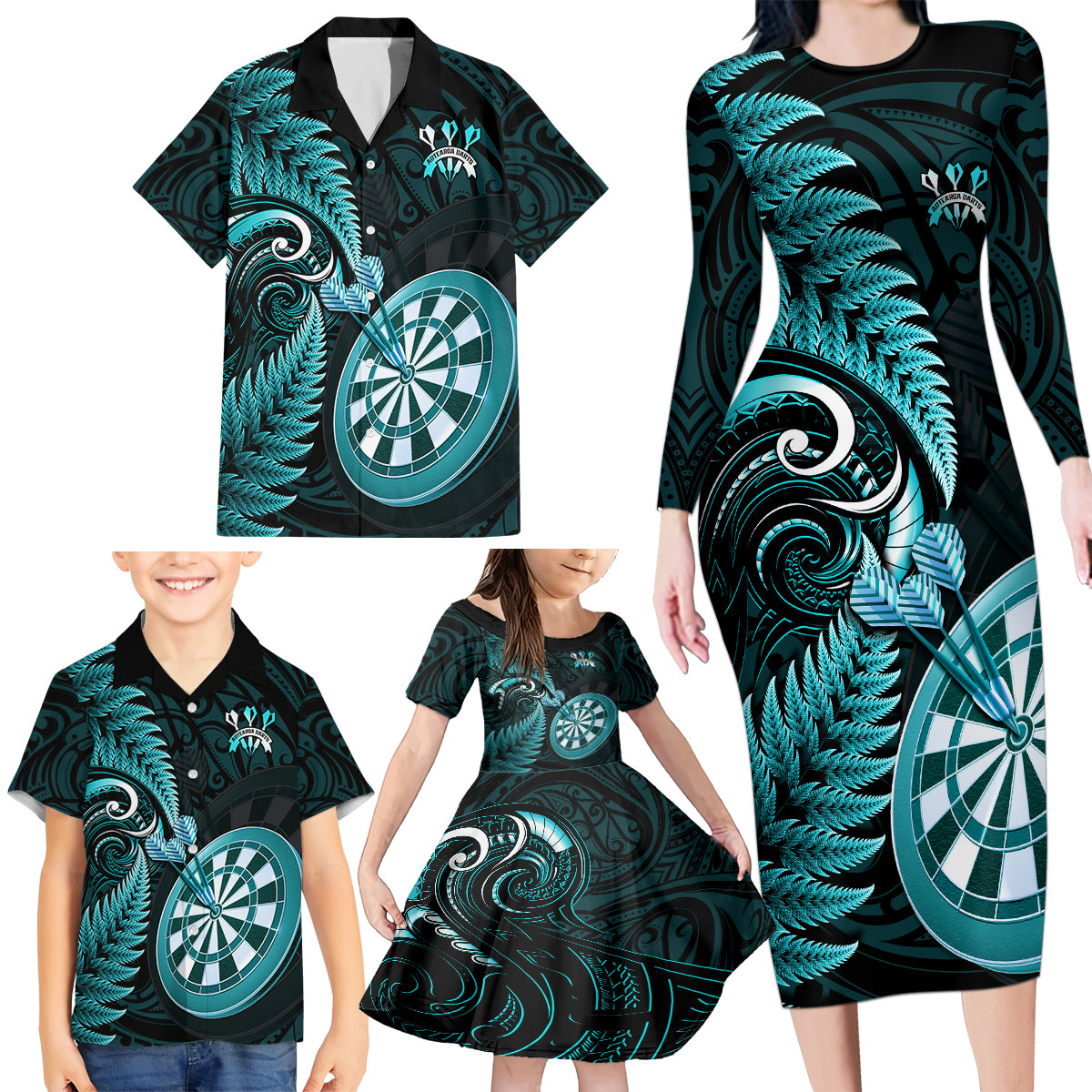 New Zealand Darts Family Matching Long Sleeve Bodycon Dress and Hawaiian Shirt Happiness Is A Tight Threesome Maori Turquoise LT14 - Polynesian Pride