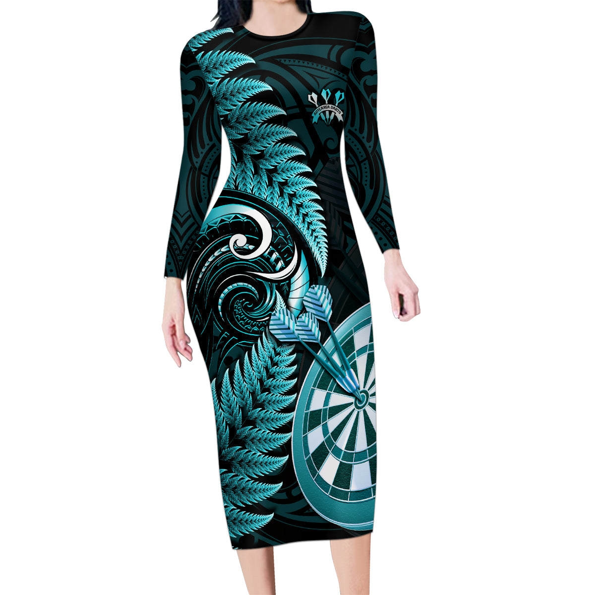 New Zealand Darts Family Matching Long Sleeve Bodycon Dress and Hawaiian Shirt Happiness Is A Tight Threesome Maori Turquoise LT14 Mom's Dress Turquoise - Polynesian Pride