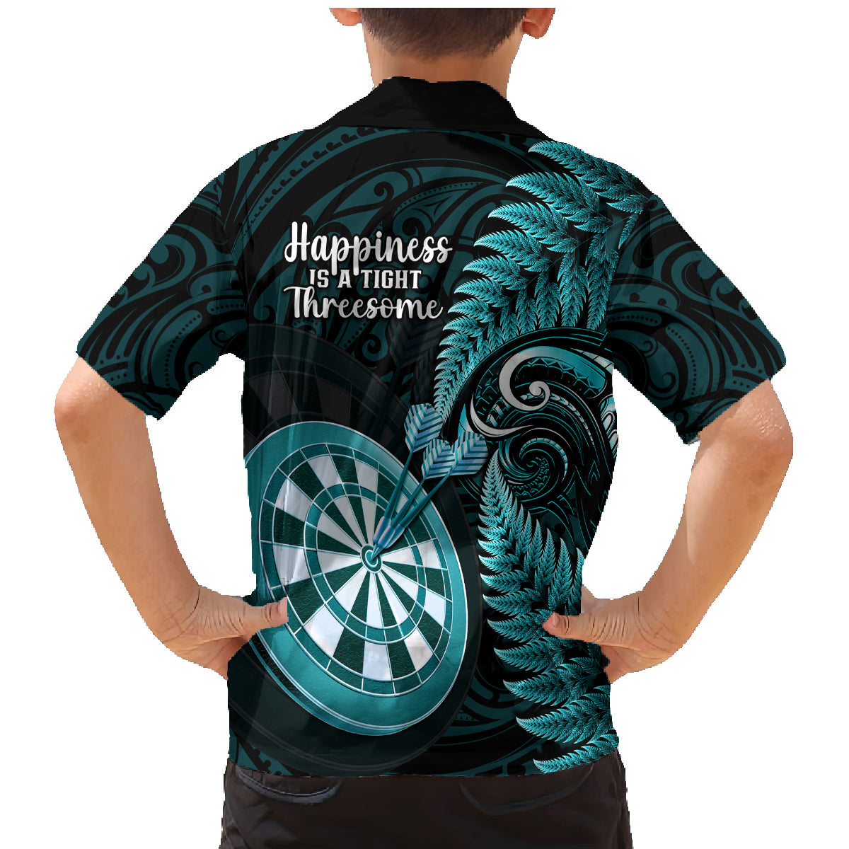 New Zealand Darts Family Matching Mermaid Dress and Hawaiian Shirt Happiness Is A Tight Threesome Maori Turquoise LT14 - Polynesian Pride