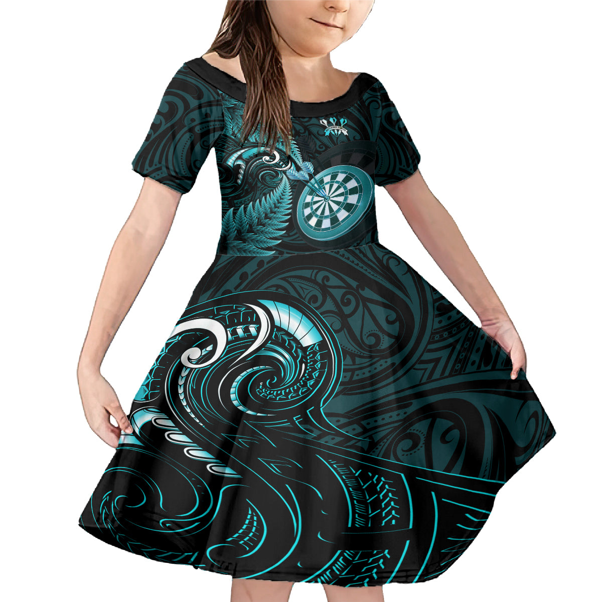 New Zealand Darts Family Matching Mermaid Dress and Hawaiian Shirt Happiness Is A Tight Threesome Maori Turquoise LT14 Daughter's Dress Turquoise - Polynesian Pride