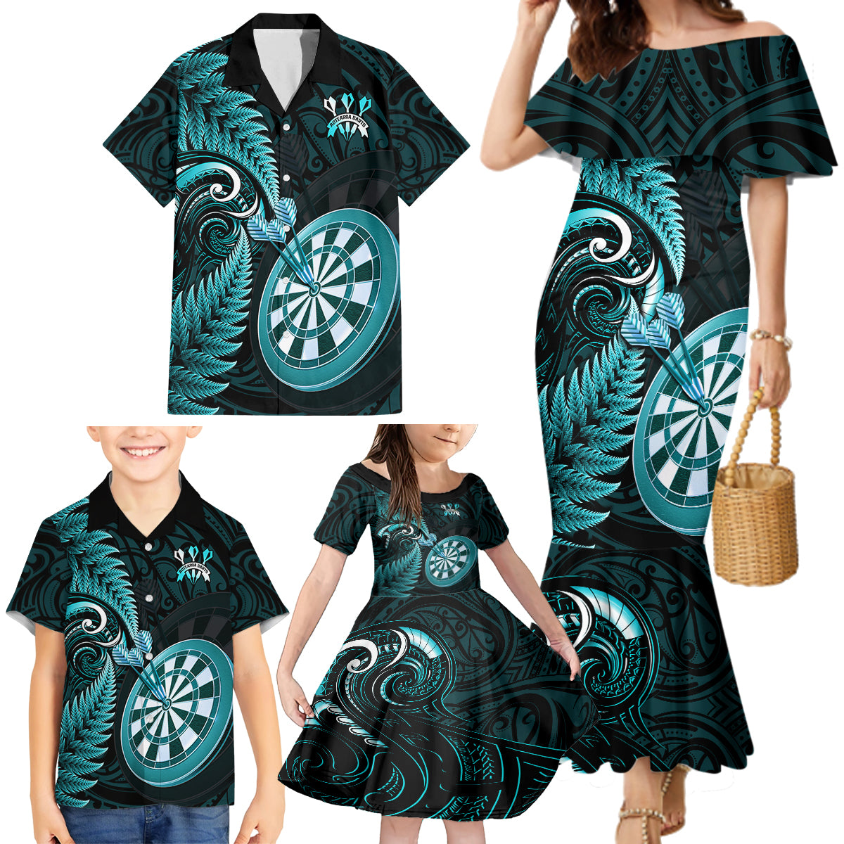 New Zealand Darts Family Matching Mermaid Dress and Hawaiian Shirt Happiness Is A Tight Threesome Maori Turquoise LT14 - Polynesian Pride