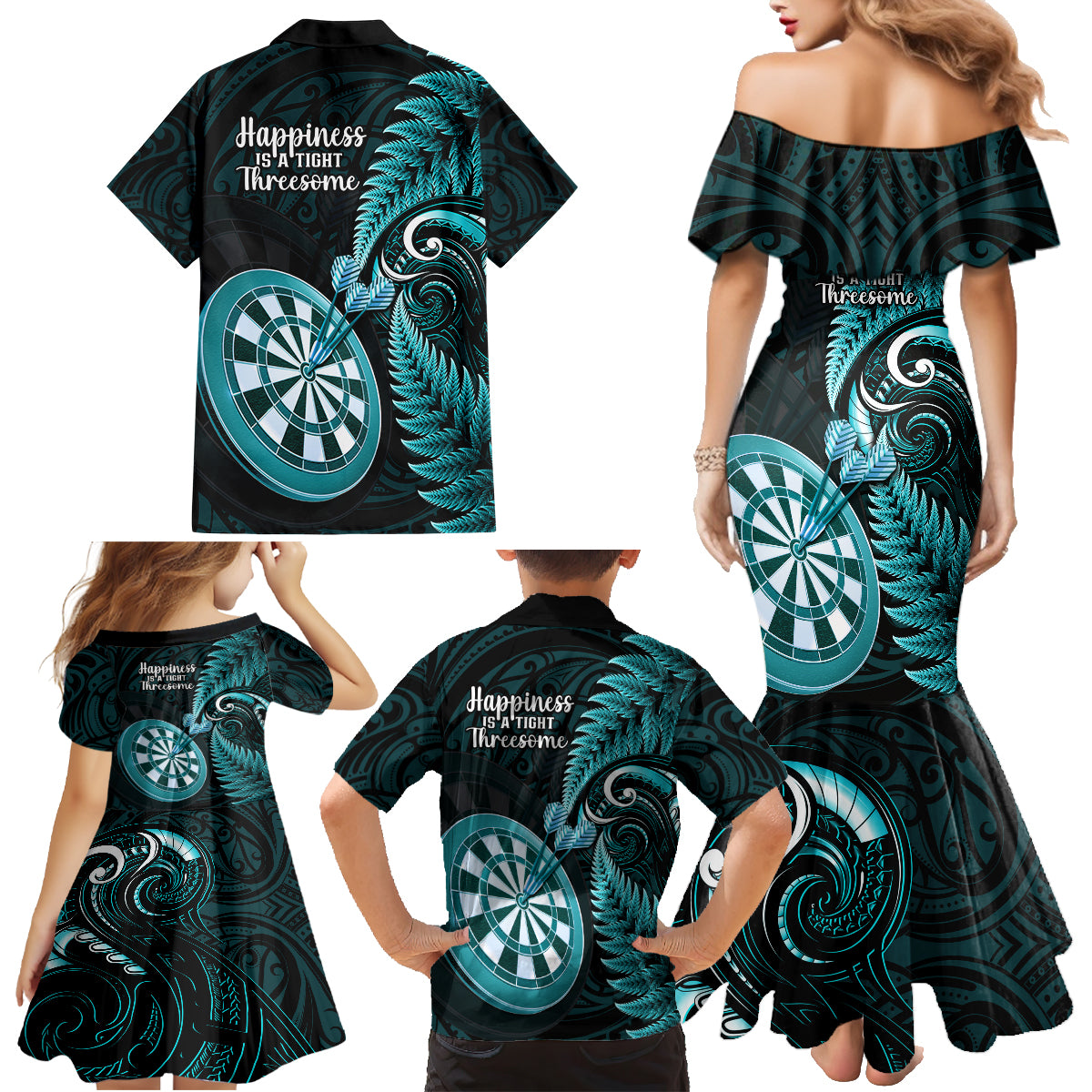 New Zealand Darts Family Matching Mermaid Dress and Hawaiian Shirt Happiness Is A Tight Threesome Maori Turquoise LT14 - Polynesian Pride