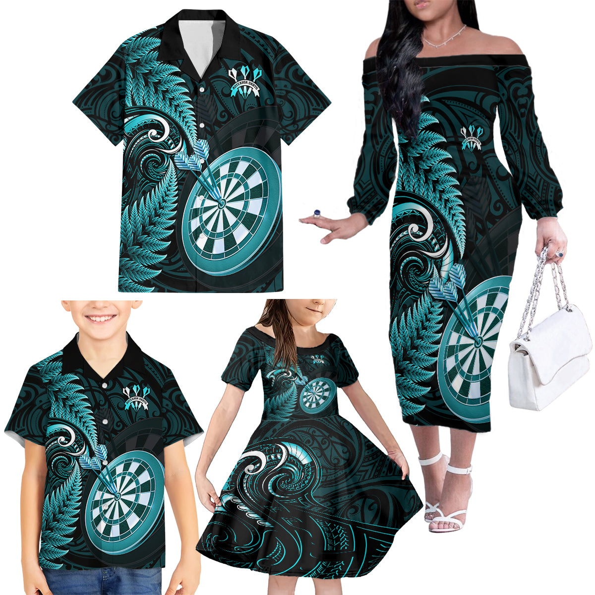 New Zealand Darts Family Matching Off Shoulder Long Sleeve Dress and Hawaiian Shirt Happiness Is A Tight Threesome Maori Turquoise LT14 - Polynesian Pride