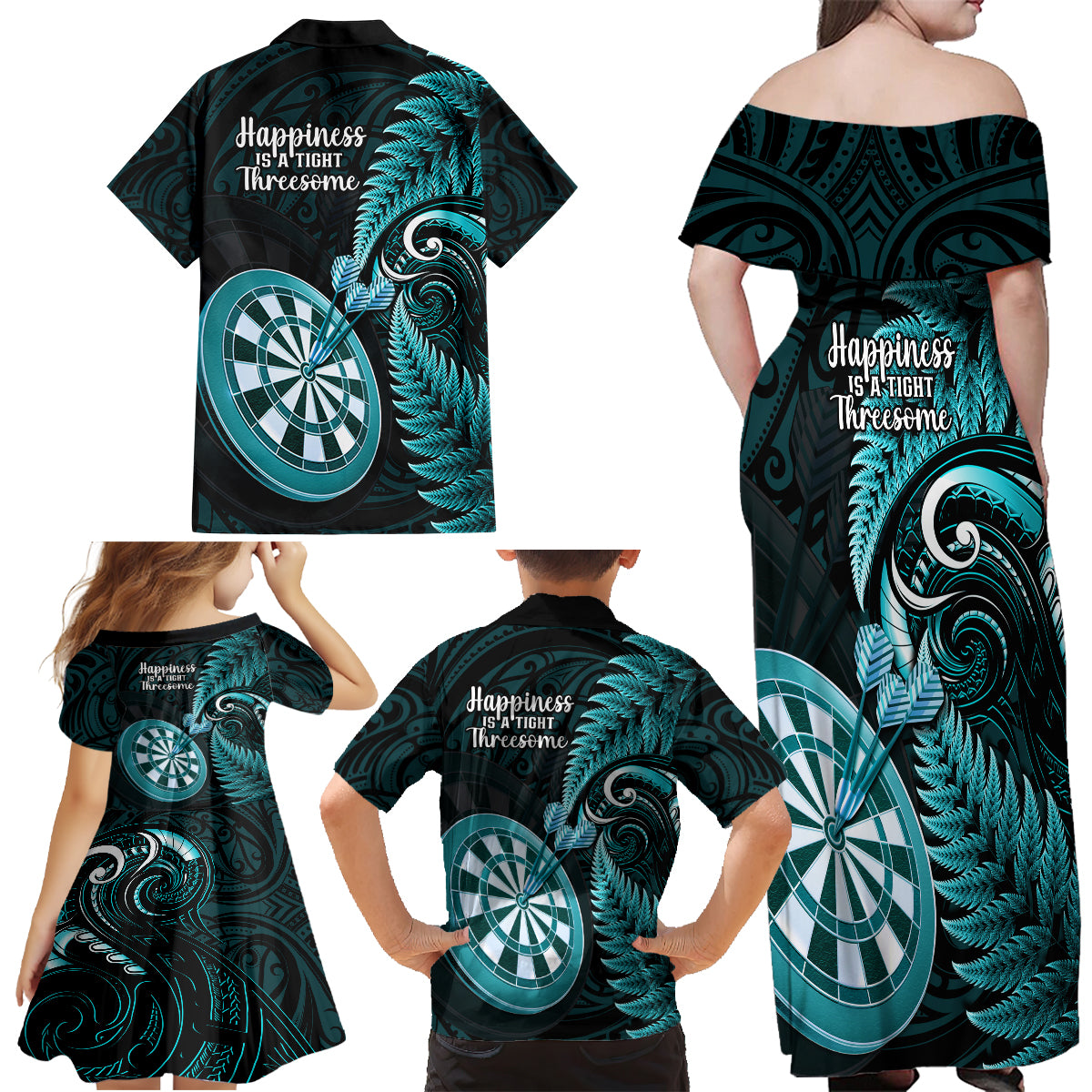 New Zealand Darts Family Matching Off Shoulder Long Sleeve Dress and Hawaiian Shirt Happiness Is A Tight Threesome Maori Turquoise LT14 - Polynesian Pride