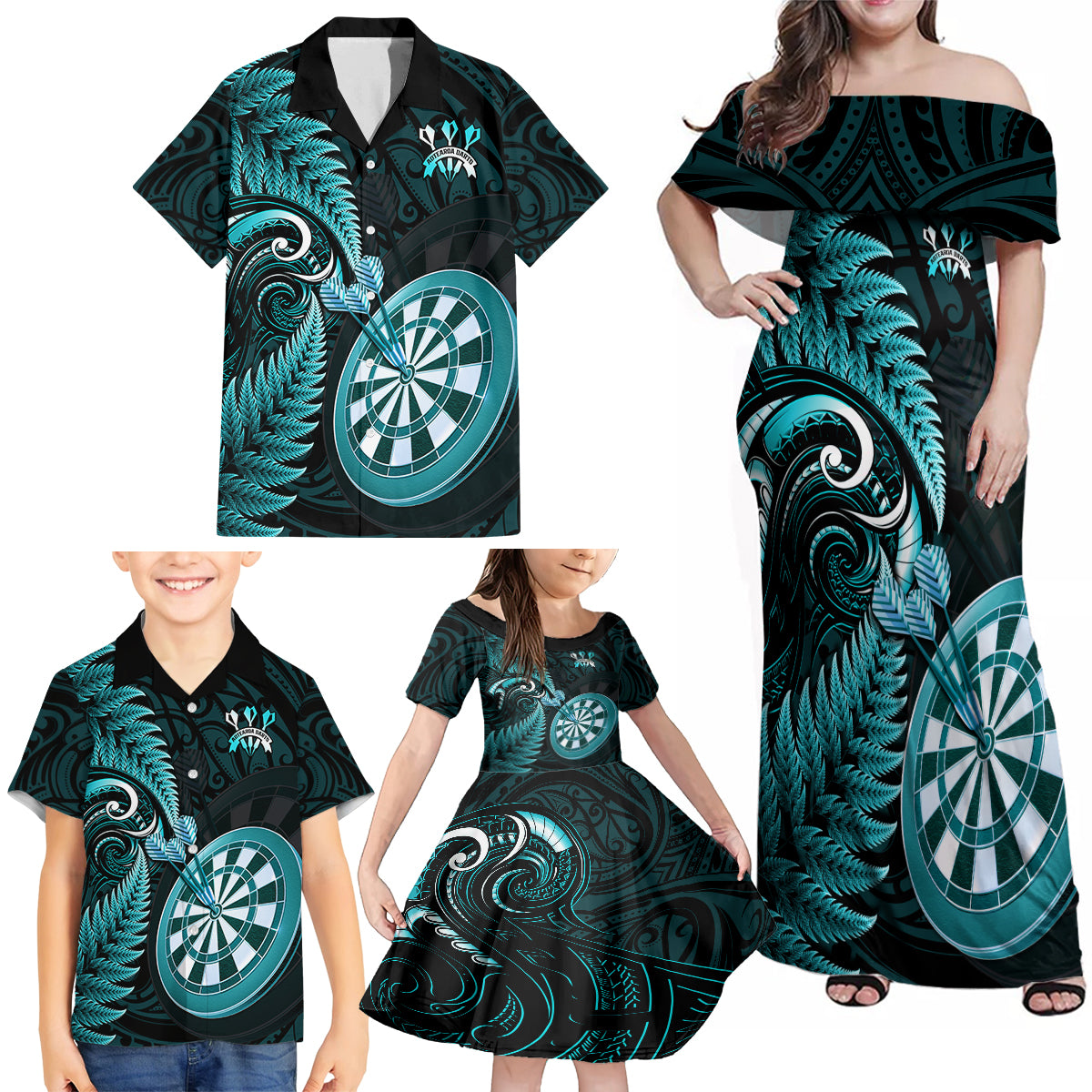 New Zealand Darts Family Matching Off Shoulder Maxi Dress and Hawaiian Shirt Happiness Is A Tight Threesome Maori Turquoise LT14 - Polynesian Pride