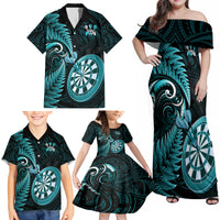 New Zealand Darts Family Matching Off Shoulder Maxi Dress and Hawaiian Shirt Happiness Is A Tight Threesome Maori Turquoise LT14 - Polynesian Pride