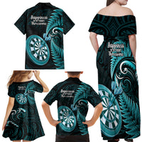 New Zealand Darts Family Matching Off Shoulder Maxi Dress and Hawaiian Shirt Happiness Is A Tight Threesome Maori Turquoise LT14 - Polynesian Pride