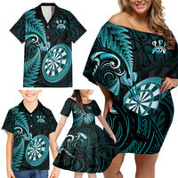 New Zealand Darts Family Matching Off Shoulder Short Dress and Hawaiian Shirt Happiness Is A Tight Threesome Maori Turquoise LT14 - Polynesian Pride