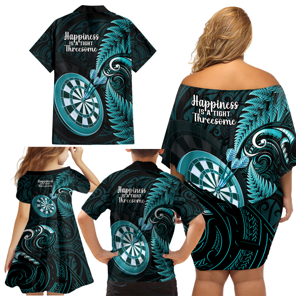 New Zealand Darts Family Matching Off Shoulder Short Dress and Hawaiian Shirt Happiness Is A Tight Threesome Maori Turquoise LT14 - Polynesian Pride