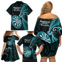 New Zealand Darts Family Matching Off Shoulder Short Dress and Hawaiian Shirt Happiness Is A Tight Threesome Maori Turquoise LT14 - Polynesian Pride