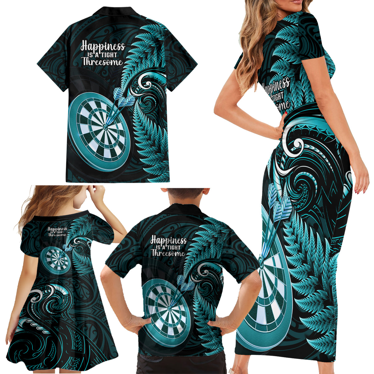 New Zealand Darts Family Matching Short Sleeve Bodycon Dress and Hawaiian Shirt Happiness Is A Tight Threesome Maori Turquoise LT14 - Polynesian Pride