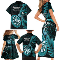 New Zealand Darts Family Matching Short Sleeve Bodycon Dress and Hawaiian Shirt Happiness Is A Tight Threesome Maori Turquoise LT14 - Polynesian Pride