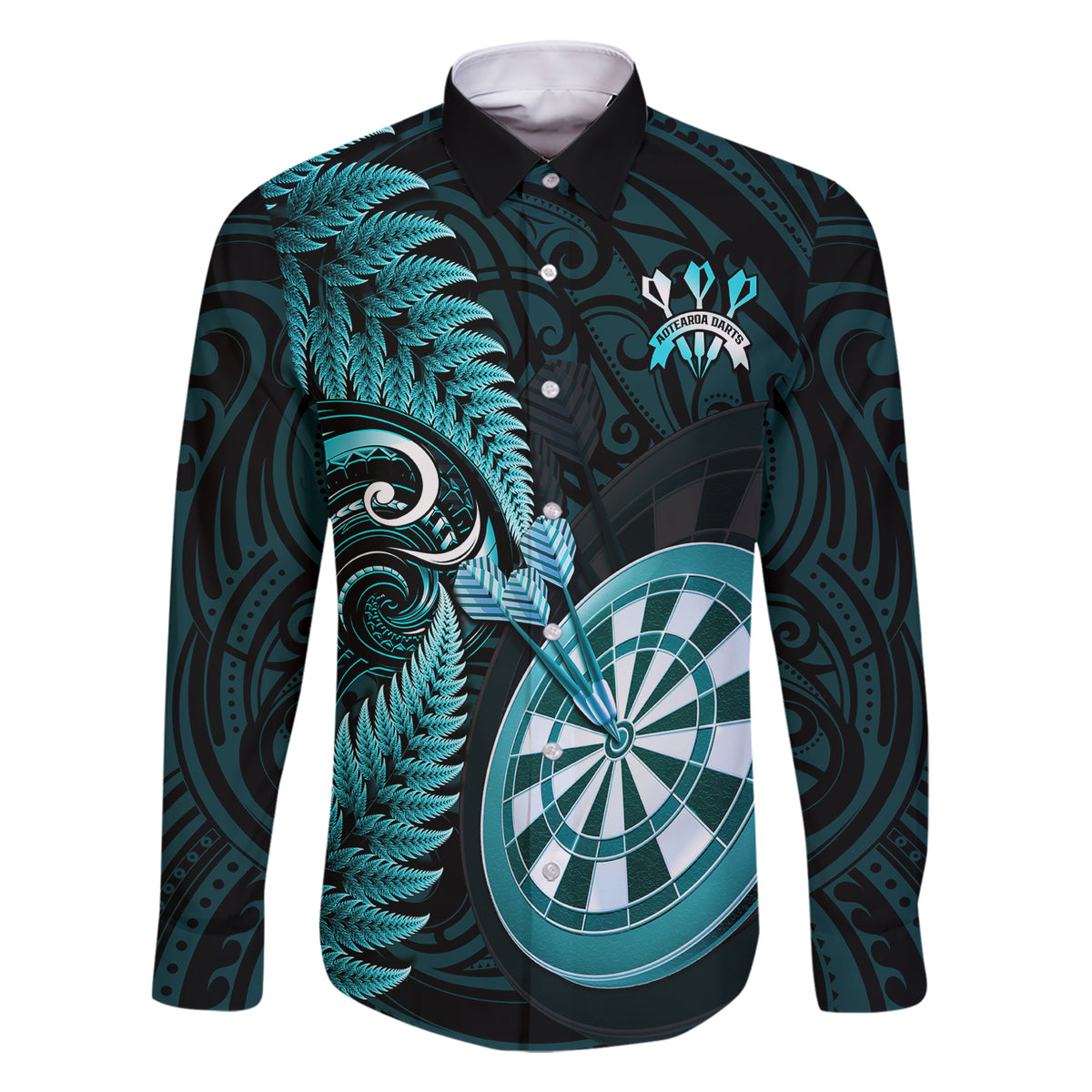New Zealand Darts Family Matching Short Sleeve Bodycon Dress and Hawaiian Shirt Happiness Is A Tight Threesome Maori Turquoise LT14 Dad's Shirt - Long Sleeve Turquoise - Polynesian Pride