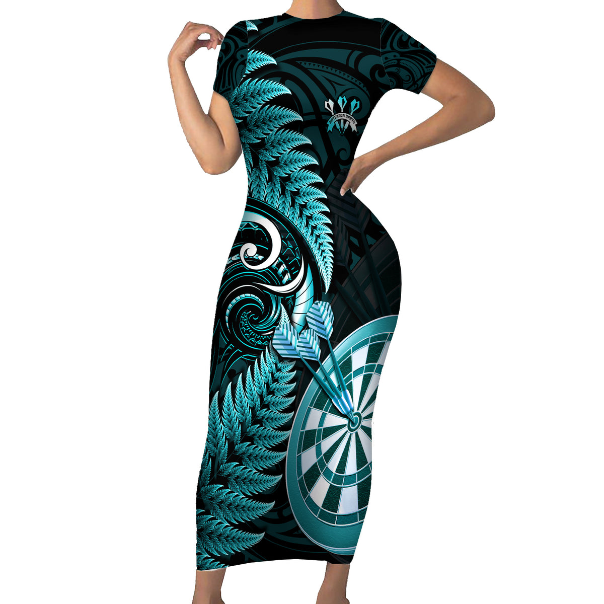 New Zealand Darts Family Matching Short Sleeve Bodycon Dress and Hawaiian Shirt Happiness Is A Tight Threesome Maori Turquoise LT14 Mom's Dress Turquoise - Polynesian Pride