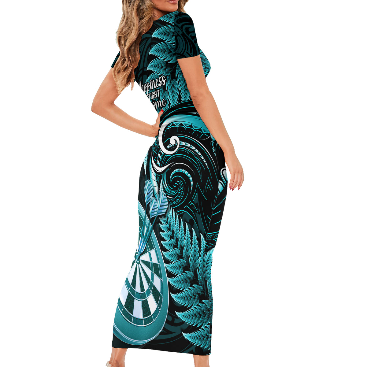 New Zealand Darts Family Matching Short Sleeve Bodycon Dress and Hawaiian Shirt Happiness Is A Tight Threesome Maori Turquoise LT14 - Polynesian Pride