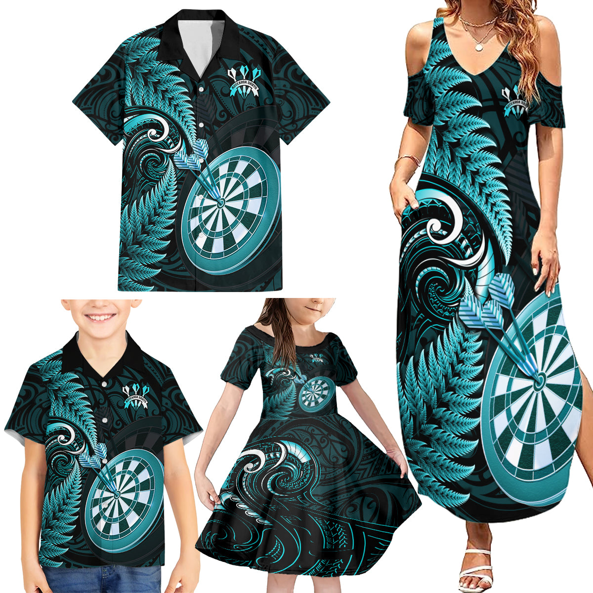 New Zealand Darts Family Matching Summer Maxi Dress and Hawaiian Shirt Happiness Is A Tight Threesome Maori Turquoise LT14 - Polynesian Pride