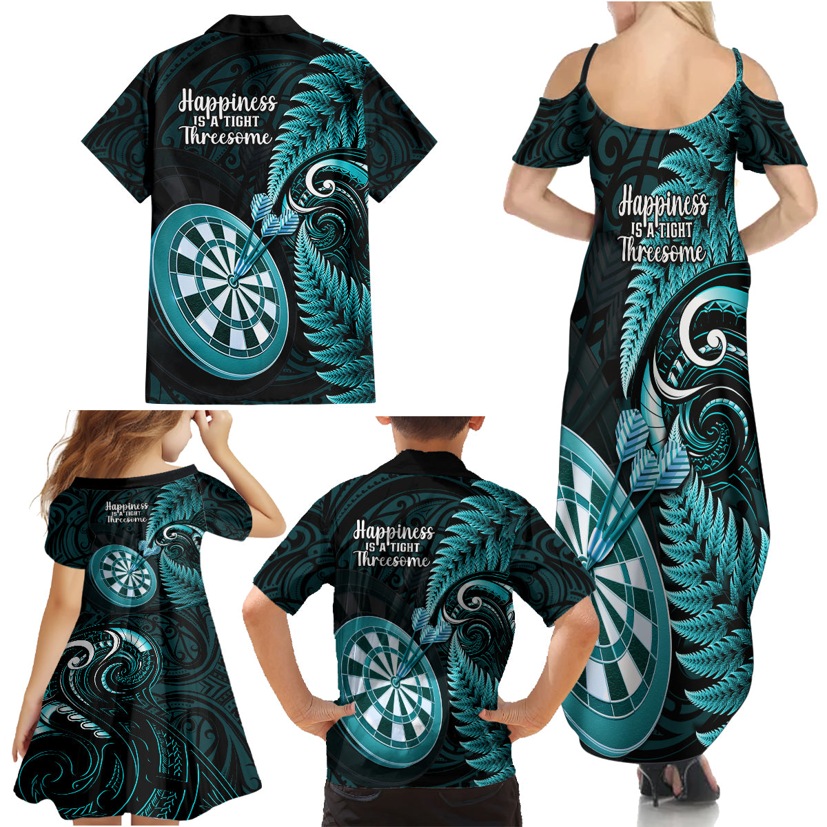 New Zealand Darts Family Matching Summer Maxi Dress and Hawaiian Shirt Happiness Is A Tight Threesome Maori Turquoise LT14 - Polynesian Pride