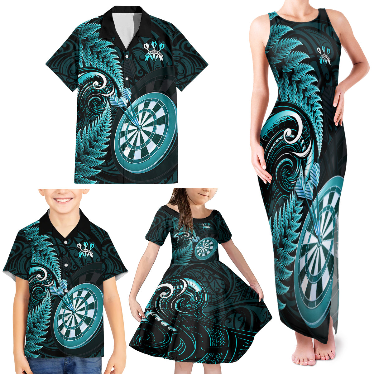 New Zealand Darts Family Matching Tank Maxi Dress and Hawaiian Shirt Happiness Is A Tight Threesome Maori Turquoise LT14 - Polynesian Pride