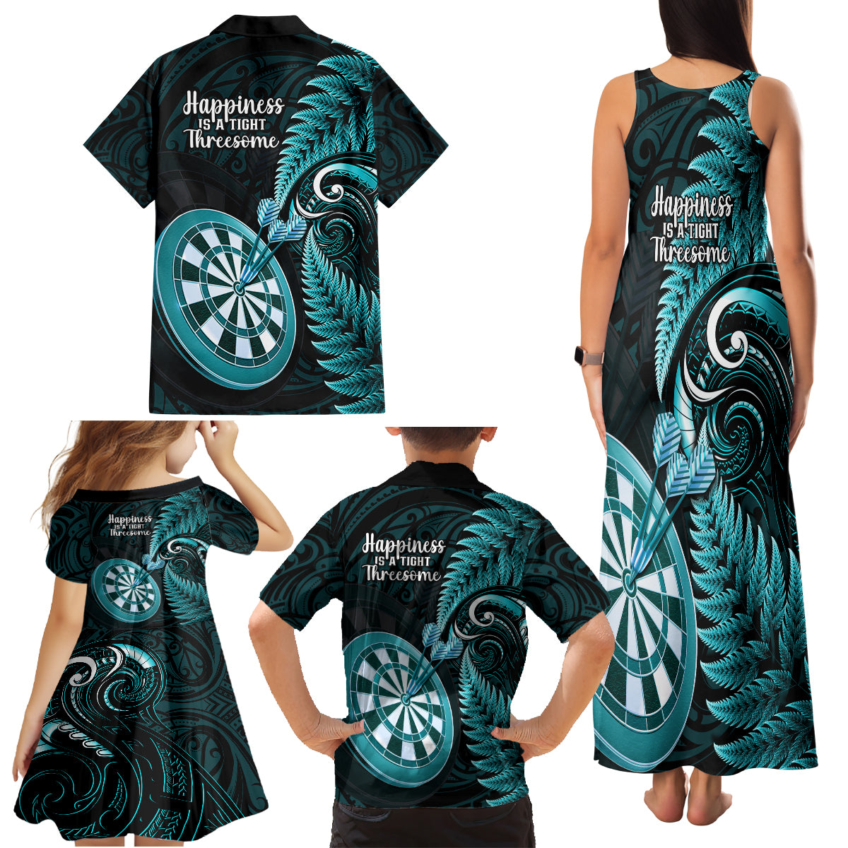 New Zealand Darts Family Matching Tank Maxi Dress and Hawaiian Shirt Happiness Is A Tight Threesome Maori Turquoise LT14 - Polynesian Pride