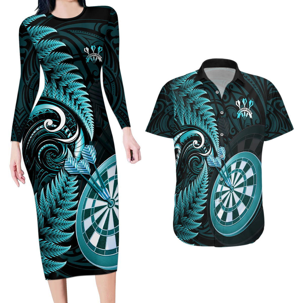 Personalised New Zealand Darts Couples Matching Long Sleeve Bodycon Dress and Hawaiian Shirt Happiness Is A Tight Threesome Maori Turquoise LT14 Turquoise - Polynesian Pride