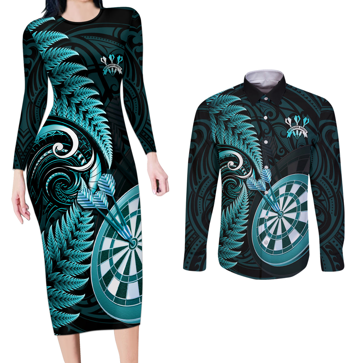 Personalised New Zealand Darts Couples Matching Long Sleeve Bodycon Dress and Long Sleeve Button Shirts Happiness Is A Tight Threesome Maori Turquoise LT14 Turquoise - Polynesian Pride