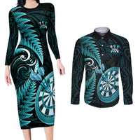 Personalised New Zealand Darts Couples Matching Long Sleeve Bodycon Dress and Long Sleeve Button Shirts Happiness Is A Tight Threesome Maori Turquoise LT14 Turquoise - Polynesian Pride