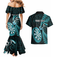 Personalised New Zealand Darts Couples Matching Mermaid Dress and Hawaiian Shirt Happiness Is A Tight Threesome Maori Turquoise LT14 - Polynesian Pride