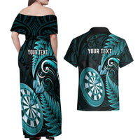 Personalised New Zealand Darts Couples Matching Off Shoulder Maxi Dress and Hawaiian Shirt Happiness Is A Tight Threesome Maori Turquoise LT14 - Polynesian Pride