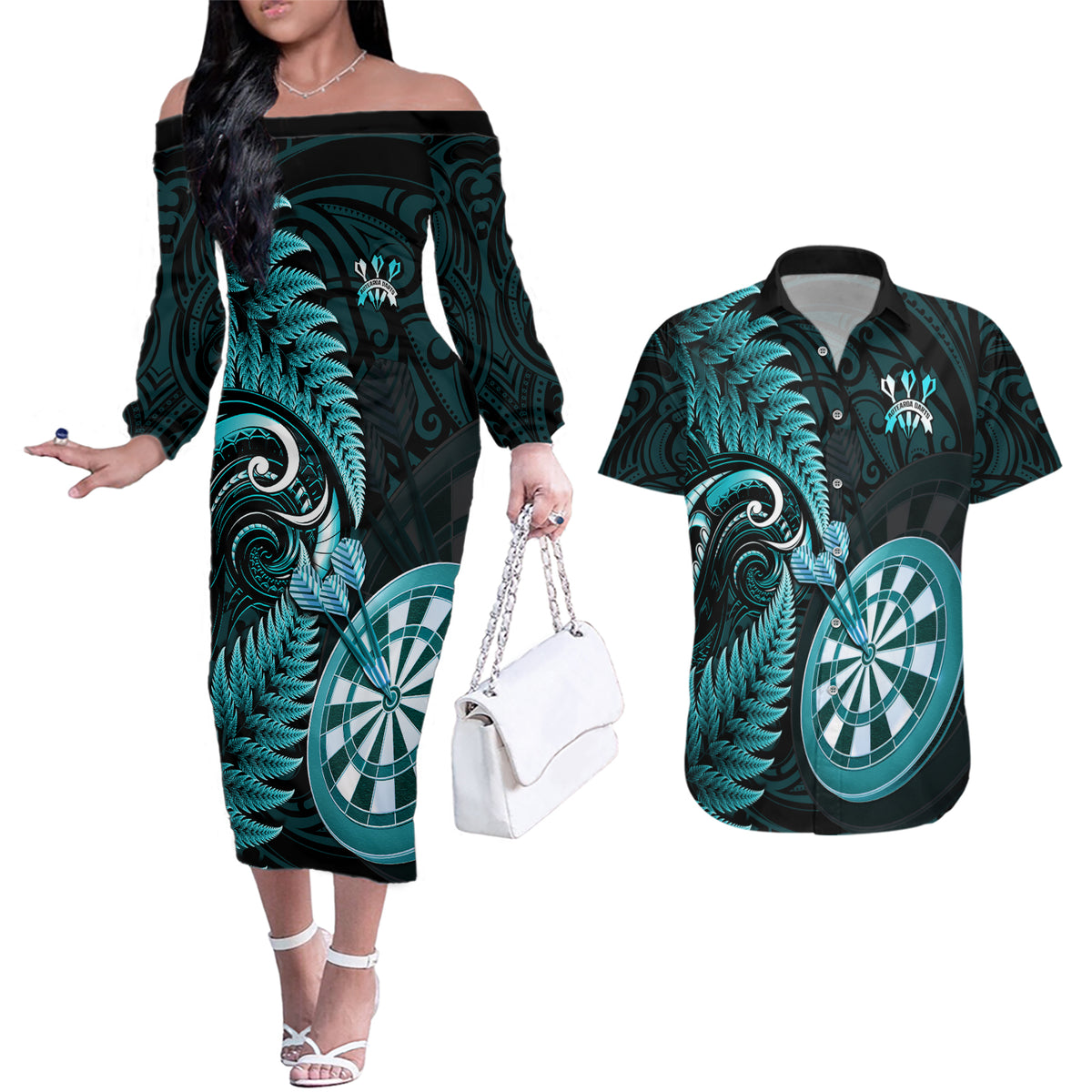 Personalised New Zealand Darts Couples Matching Off The Shoulder Long Sleeve Dress and Hawaiian Shirt Happiness Is A Tight Threesome Maori Turquoise LT14 Turquoise - Polynesian Pride