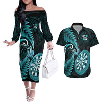 Personalised New Zealand Darts Couples Matching Off The Shoulder Long Sleeve Dress and Hawaiian Shirt Happiness Is A Tight Threesome Maori Turquoise LT14 Turquoise - Polynesian Pride