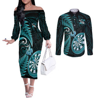 Personalised New Zealand Darts Couples Matching Off The Shoulder Long Sleeve Dress and Long Sleeve Button Shirts Happiness Is A Tight Threesome Maori Turquoise LT14 Turquoise - Polynesian Pride