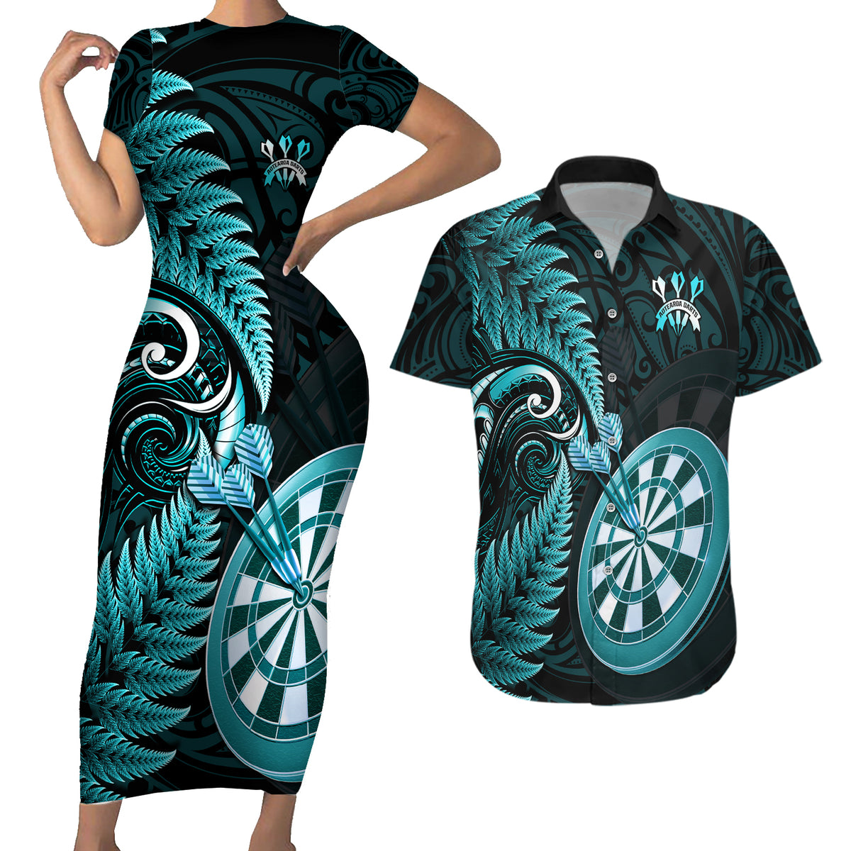 Personalised New Zealand Darts Couples Matching Short Sleeve Bodycon Dress and Hawaiian Shirt Happiness Is A Tight Threesome Maori Turquoise LT14 Turquoise - Polynesian Pride