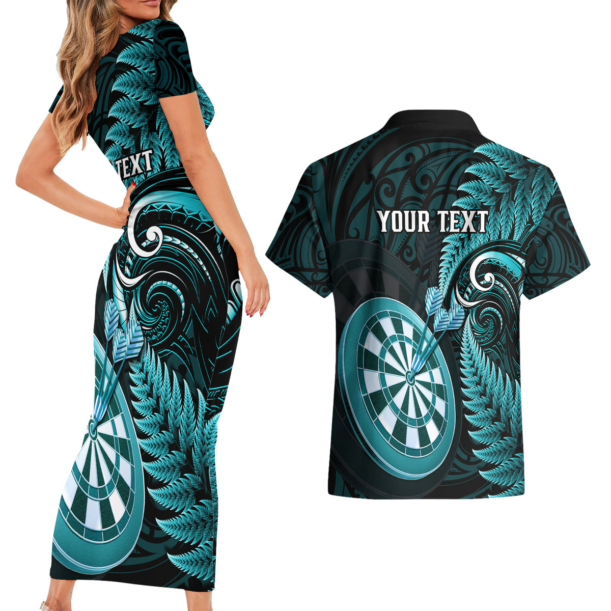 Personalised New Zealand Darts Couples Matching Short Sleeve Bodycon Dress and Hawaiian Shirt Happiness Is A Tight Threesome Maori Turquoise LT14 - Polynesian Pride