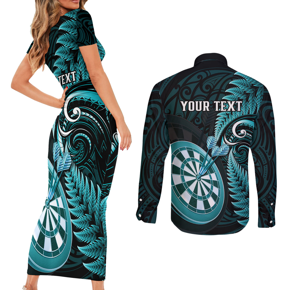 Personalised New Zealand Darts Couples Matching Short Sleeve Bodycon Dress and Long Sleeve Button Shirts Happiness Is A Tight Threesome Maori Turquoise LT14 - Polynesian Pride