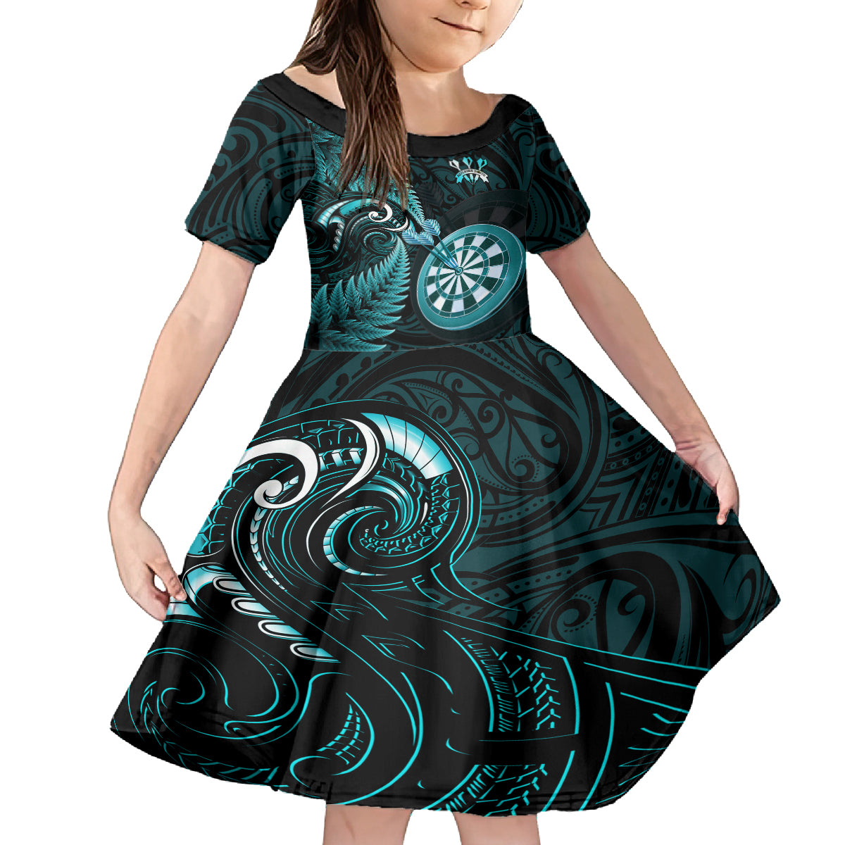 Personalised New Zealand Darts Family Matching Long Sleeve Bodycon Dress and Hawaiian Shirt Happiness Is A Tight Threesome Maori Turquoise LT14 Daughter's Dress Turquoise - Polynesian Pride