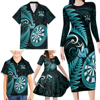 Personalised New Zealand Darts Family Matching Long Sleeve Bodycon Dress and Hawaiian Shirt Happiness Is A Tight Threesome Maori Turquoise LT14 - Polynesian Pride