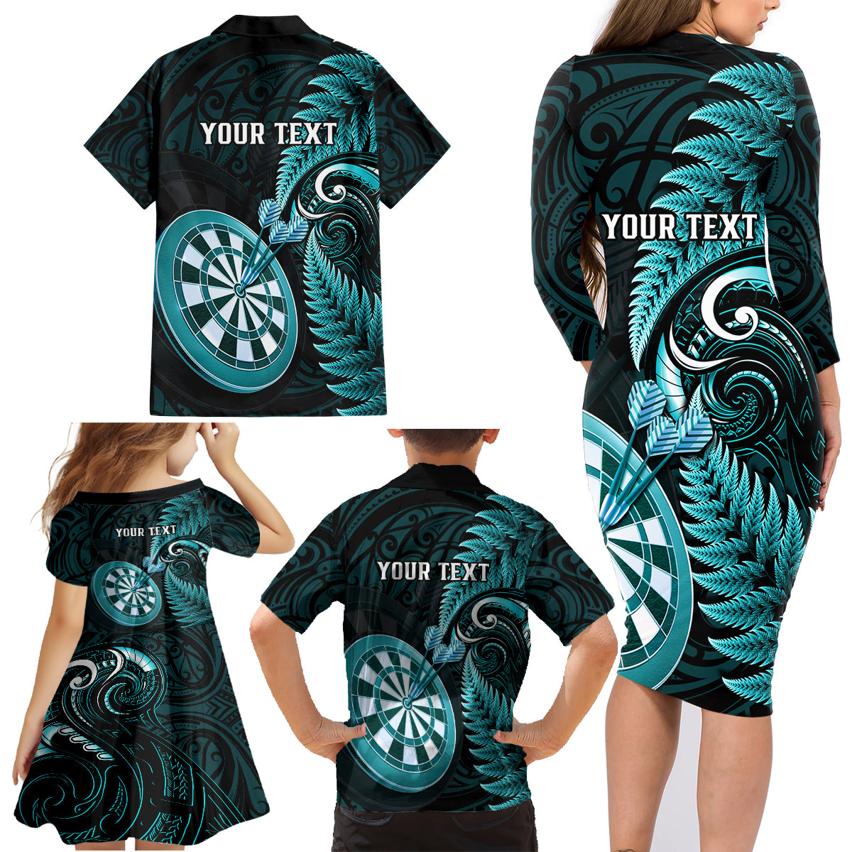 Personalised New Zealand Darts Family Matching Long Sleeve Bodycon Dress and Hawaiian Shirt Happiness Is A Tight Threesome Maori Turquoise LT14 - Polynesian Pride