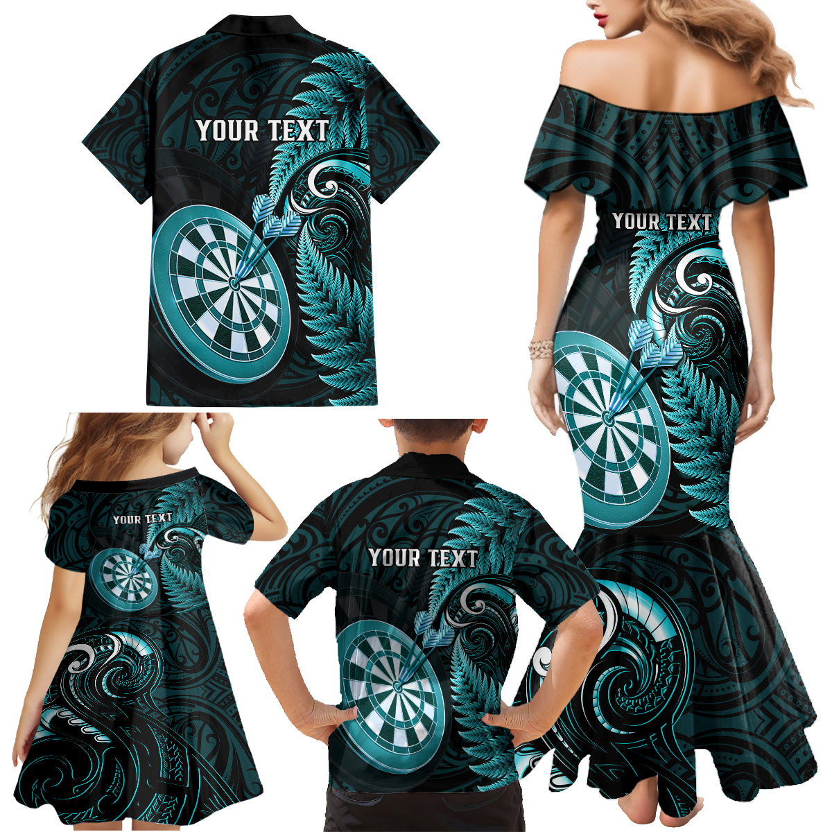 Personalised New Zealand Darts Family Matching Mermaid Dress and Hawaiian Shirt Happiness Is A Tight Threesome Maori Turquoise LT14 - Polynesian Pride