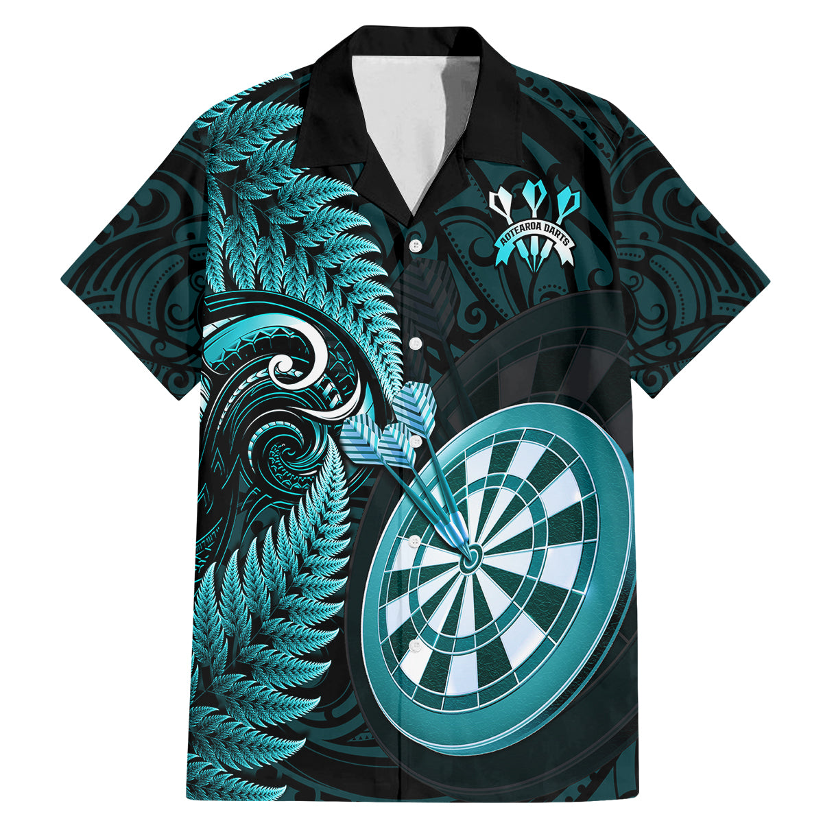 Personalised New Zealand Darts Family Matching Mermaid Dress and Hawaiian Shirt Happiness Is A Tight Threesome Maori Turquoise LT14 Dad's Shirt - Short Sleeve Turquoise - Polynesian Pride