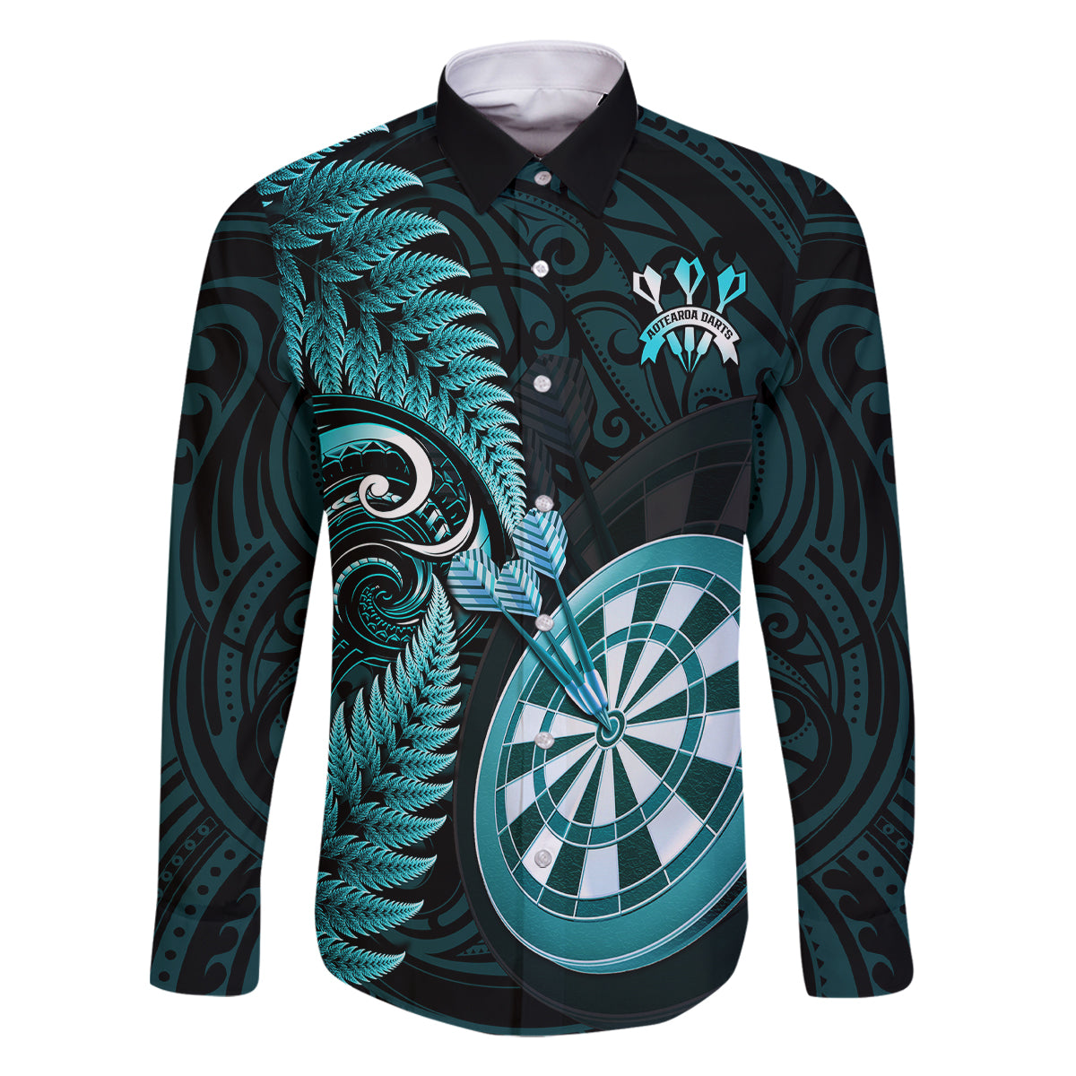 Personalised New Zealand Darts Family Matching Mermaid Dress and Hawaiian Shirt Happiness Is A Tight Threesome Maori Turquoise LT14 Dad's Shirt - Long Sleeve Turquoise - Polynesian Pride