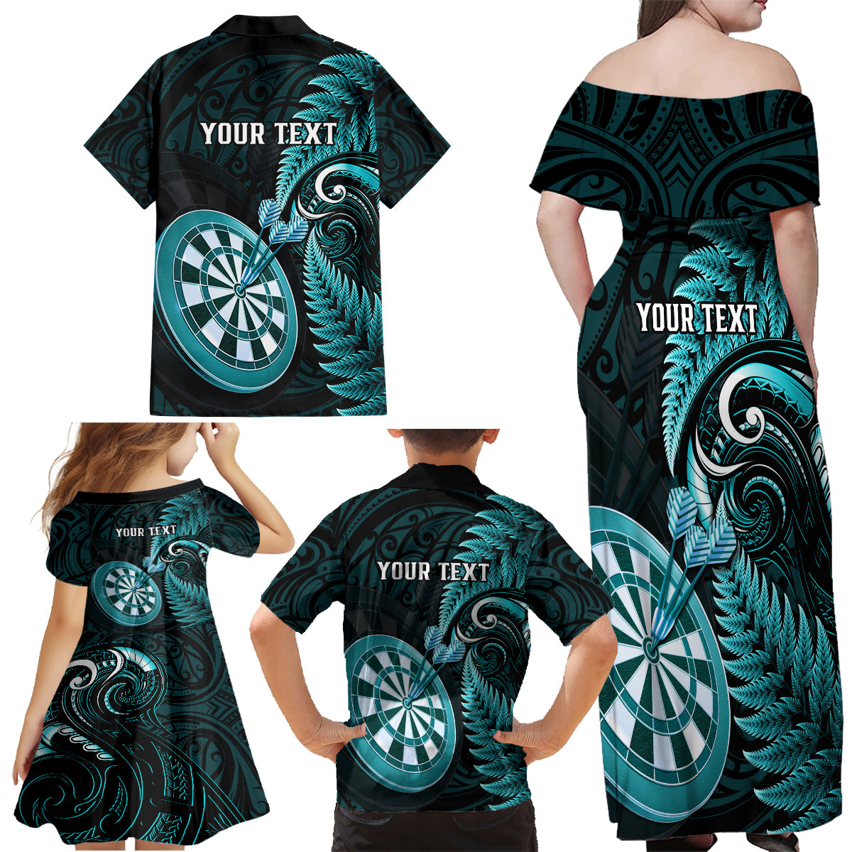 Personalised New Zealand Darts Family Matching Off Shoulder Long Sleeve Dress and Hawaiian Shirt Happiness Is A Tight Threesome Maori Turquoise LT14 - Polynesian Pride