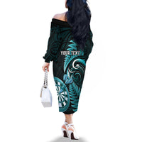 Personalised New Zealand Darts Family Matching Off Shoulder Long Sleeve Dress and Hawaiian Shirt Happiness Is A Tight Threesome Maori Turquoise LT14 - Polynesian Pride