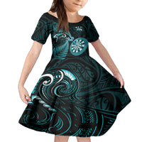 Personalised New Zealand Darts Family Matching Off Shoulder Maxi Dress and Hawaiian Shirt Happiness Is A Tight Threesome Maori Turquoise LT14 Daughter's Dress Turquoise - Polynesian Pride