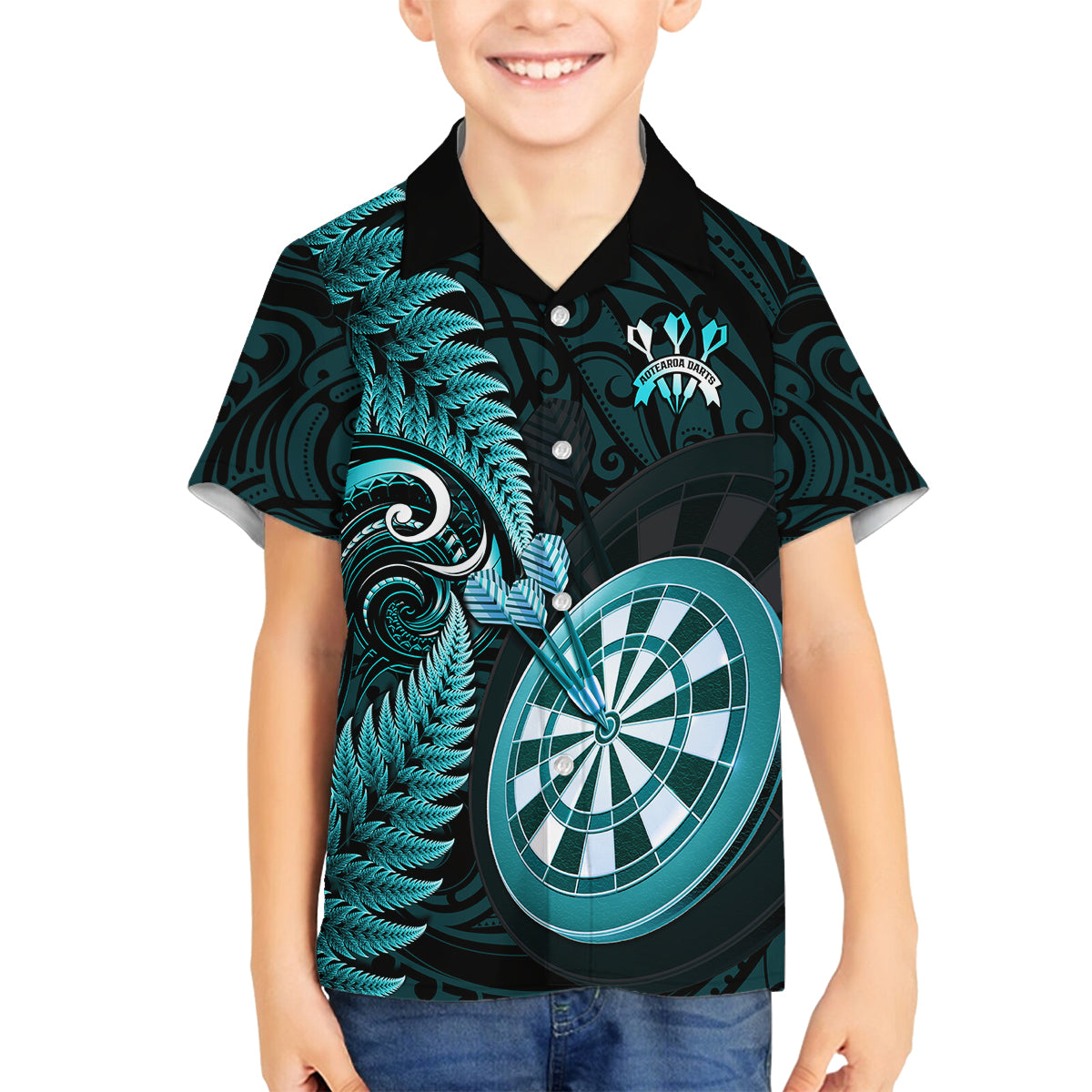 Personalised New Zealand Darts Family Matching Off Shoulder Maxi Dress and Hawaiian Shirt Happiness Is A Tight Threesome Maori Turquoise LT14 Son's Shirt Turquoise - Polynesian Pride