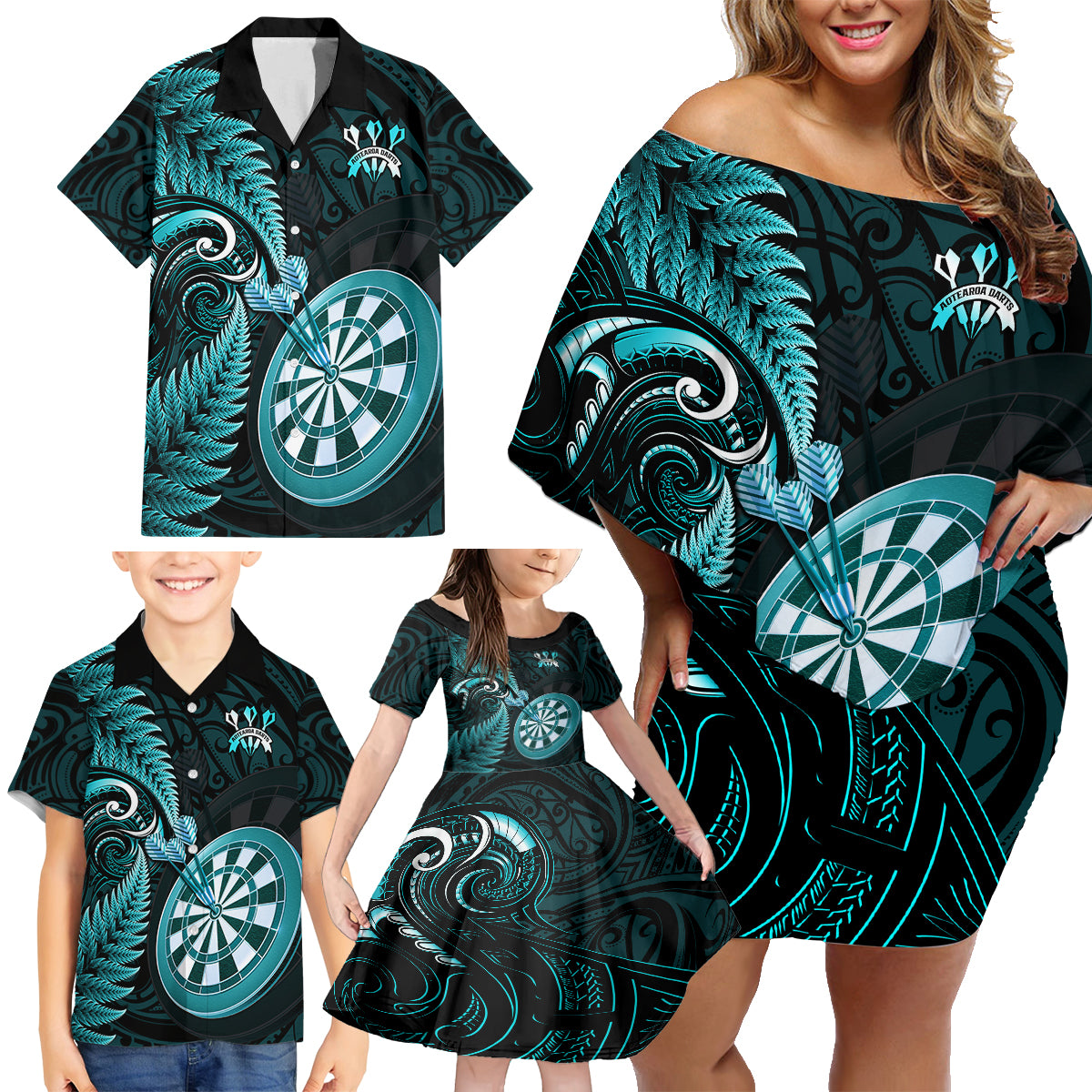 Personalised New Zealand Darts Family Matching Off Shoulder Short Dress and Hawaiian Shirt Happiness Is A Tight Threesome Maori Turquoise LT14 - Polynesian Pride
